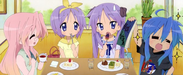 Anime picture 4128x1695 with lucky star kyoto animation izumi konata hiiragi kagami hiiragi tsukasa takara miyuki highres wide image scan girl food