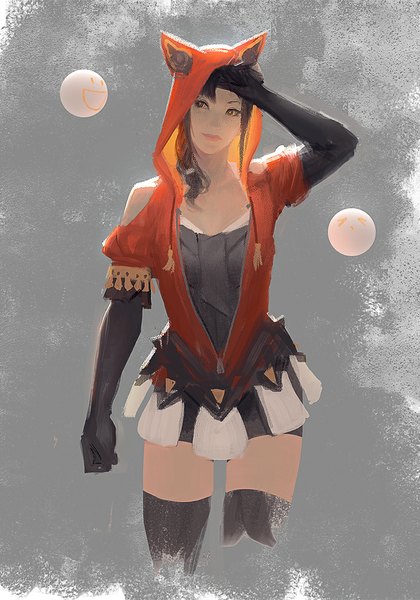 Anime picture 757x1080 with madspartan013 single long hair tall image black hair simple background standing bare shoulders brown eyes animal ears braid (braids) sunlight grey background open clothes open jacket fox ears adjusting hair girl thighhighs gloves