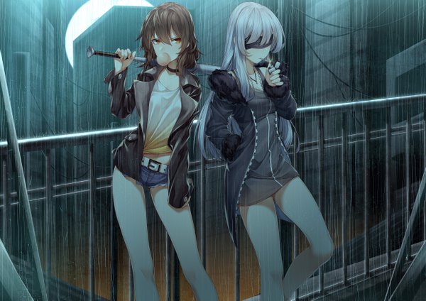 Anime picture 4960x3507 with original de da xianyu long hair blush fringe highres short hair hair between eyes brown hair standing multiple girls holding brown eyes absurdres silver hair outdoors open jacket fur trim sleeves past wrists rain