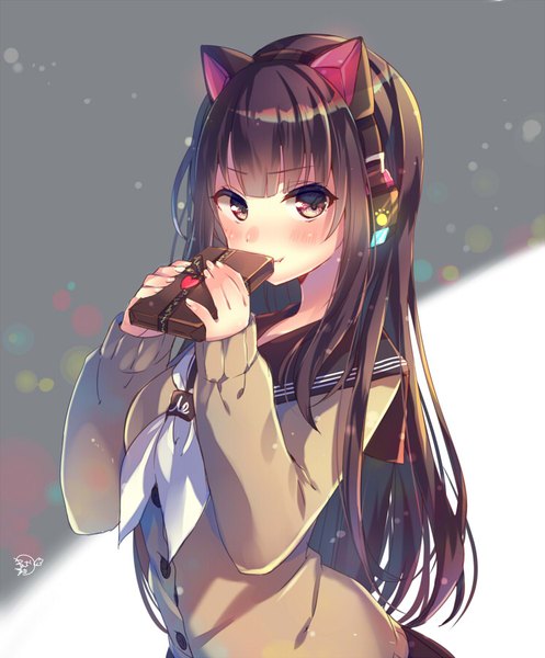 Anime picture 745x900 with original nemuri nemu single long hair tall image looking at viewer blush fringe simple background brown hair holding brown eyes signed animal ears upper body blunt bangs light smile lens flare fake animal ears valentine