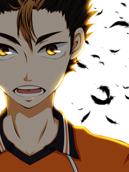Anime picture 768x1024 with haikyuu!! production i.g nishinoya yuu oyatunoousama single tall image looking at viewer short hair open mouth white background yellow eyes upper body multicolored hair two-tone hair teeth streaked hair girl uniform feather (feathers) gym uniform
