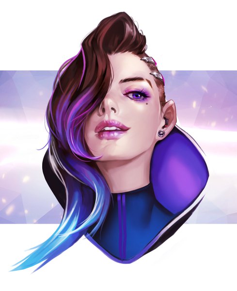 Anime picture 1224x1500 with overwatch blizzard entertainment sombra (overwatch) rain yoo single long hair tall image looking at viewer fringe simple background brown hair purple eyes parted lips hair over one eye mole mole under eye lipstick portrait gradient hair face