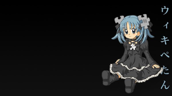 Anime picture 1920x1080 with wikipedia wikipe-tan tagme (artist) single looking at viewer blush fringe highres short hair blue eyes simple background smile wide image sitting twintails blue hair full body arm support loli puffy sleeves