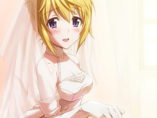 Anime picture 1920x1440 with infinite stratos 8bit charles dunois single long hair looking at viewer blush highres open mouth blonde hair purple eyes bare shoulders girl dress gloves elbow gloves wedding dress