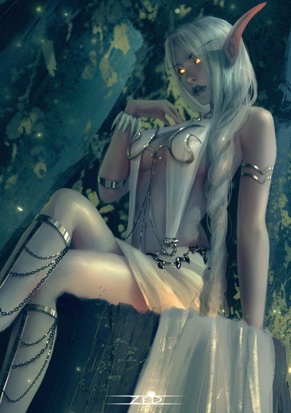Anime-Bild 1920x2716 mit original zed single long hair tall image looking at viewer fringe highres breasts light erotic large breasts sitting signed yellow eyes silver hair outdoors braid (braids) parted lips lips pointy ears