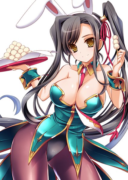 Anime picture 708x1000 with koihime musou doga kobo kanu moneti (daifuku) single long hair tall image looking at viewer breasts light erotic black hair simple background smile large breasts white background twintails animal ears yellow eyes bunny ears girl