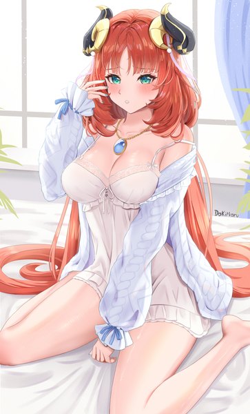 Anime-Bild 3312x5469 mit genshin impact nilou (genshin impact) dokimaru single long hair tall image blush fringe highres breasts light erotic large breasts sitting twintails signed looking away absurdres cleavage red hair indoors