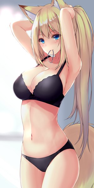 Anime picture 1050x2100 with original sogaya single long hair tall image looking at viewer blush fringe breasts light erotic simple background smile hair between eyes large breasts holding animal ears payot cleavage ponytail tail