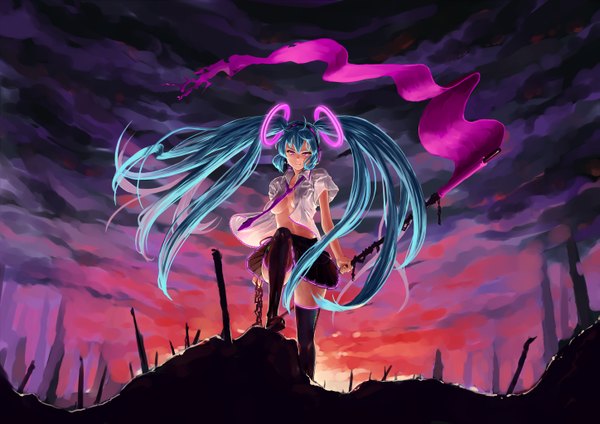 Anime picture 2894x2046 with vocaloid hatsune miku omaru gyuunyuu single long hair looking at viewer highres breasts light erotic twintails sky cloud (clouds) pink eyes aqua hair open clothes no bra open shirt underboob evening sunset