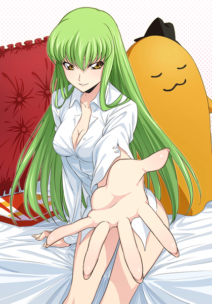 Anime picture 1176x1684 with code geass sunrise (studio) c.c. cheese-kun puma (hyuma1219) single long hair tall image looking at viewer fringe light erotic simple background smile hair between eyes white background sitting yellow eyes cleavage long sleeves parted lips