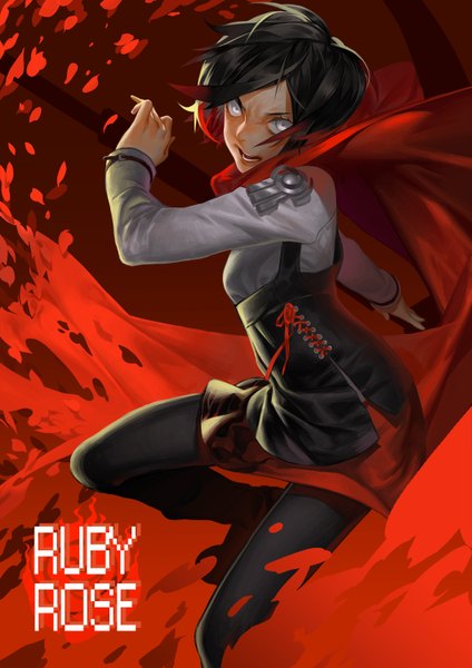 Anime picture 1060x1500 with rwby rooster teeth ruby rose logod single tall image looking at viewer fringe short hair open mouth black hair holding red hair multicolored hair inscription two-tone hair silver eyes fighting stance screaming girl