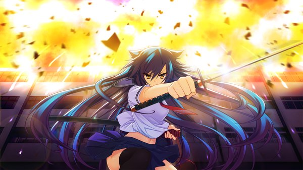 Anime picture 1280x720 with tsuyokiss next long hair wide image yellow eyes blue hair game cg explosion girl thighhighs uniform weapon black thighhighs sword serafuku katana