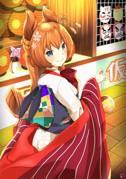 Anime picture 1654x2339 with virtual youtuber hirasaka mei (vtuber) honoca single long hair tall image looking at viewer blush fringe blue eyes smile hair between eyes holding signed payot braid (braids) traditional clothes japanese clothes hair flower orange hair