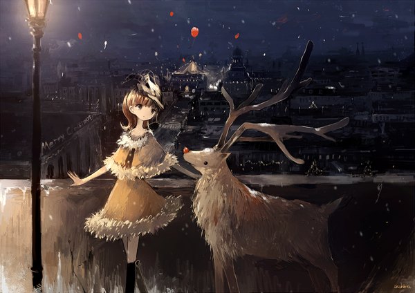 Anime picture 1000x707 with original asahiro long hair fringe brown hair brown eyes cloud (clouds) horn (horns) night night sky city snowing spread arms winter snow cityscape glow city lights girl hat