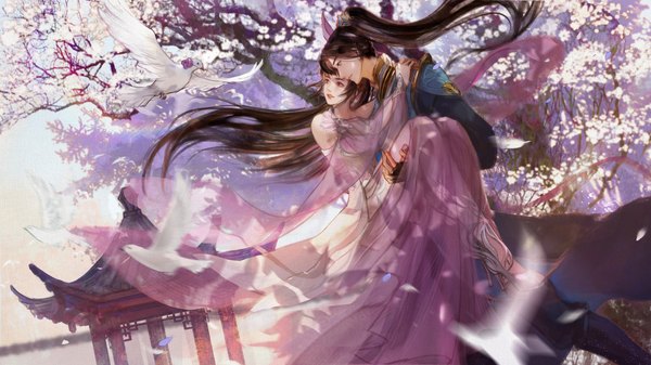 Anime picture 4409x2480 with douluo continent xiao wu tang san zacao tong long hair fringe highres black hair smile wide image bare shoulders animal ears looking away absurdres sky full body bent knee (knees) outdoors ponytail parted lips