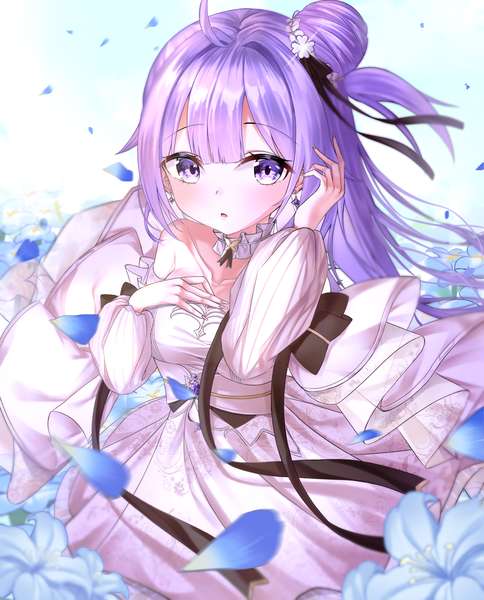 Anime picture 1200x1486 with azur lane unicorn (azur lane) unicorn (a dream of pure vows) (azur lane) ttopang single long hair tall image looking at viewer blush fringe open mouth simple background standing purple eyes bare shoulders payot purple hair ahoge blunt bangs long sleeves