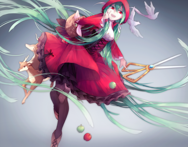 Anime picture 1500x1176 with vocaloid hatsune miku lyodi (artist) single long hair fringe open mouth simple background red eyes twintails long sleeves very long hair horn (horns) aqua hair grey background lacing girl dress animal boots
