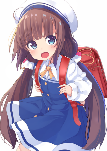 Anime picture 1062x1500 with ryuuou no oshigoto! hinatsuru ai okota mikan single long hair tall image looking at viewer fringe open mouth blue eyes simple background brown hair white background twintails payot ahoge :d low twintails girl beret