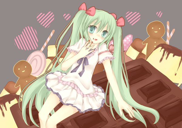 Anime picture 1158x815 with vocaloid hatsune miku choko (chocomay) single long hair blush twintails aqua eyes girl dress bow hair bow food heart sweets short dress cake chocolate pudding