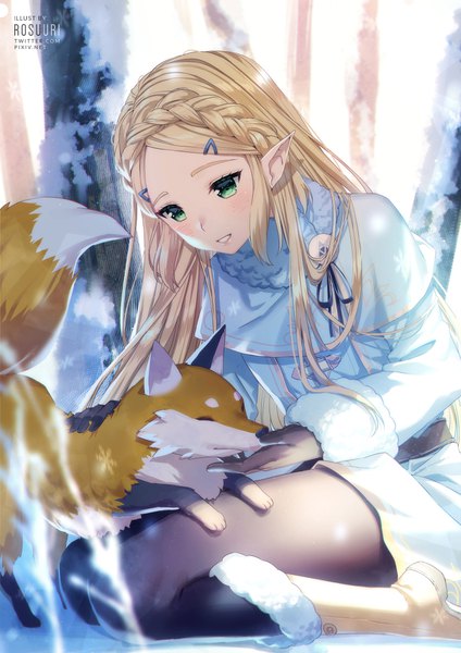 Anime picture 800x1132 with the legend of zelda the legend of zelda: breath of the wild nintendo princess zelda rosuuri single long hair tall image blush fringe blonde hair sitting green eyes signed outdoors braid (braids) long sleeves parted lips light smile pointy ears