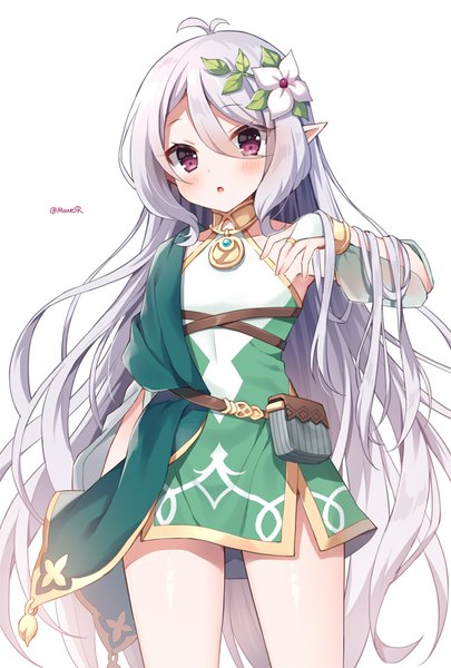Anime picture 600x888 with princess connect! re:dive princess connect! kokkoro (princess connect!) mauve single tall image looking at viewer blush fringe simple background hair between eyes standing white background purple eyes signed silver hair ahoge very long hair hair flower pointy ears