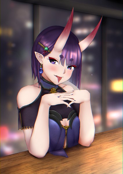Anime picture 1447x2046 with fate (series) fate/grand order shuten douji (fate) selarz single tall image looking at viewer blush fringe short hair smile purple eyes bare shoulders purple hair nail polish horn (horns) fingernails pointy ears eyebrows cleavage cutout