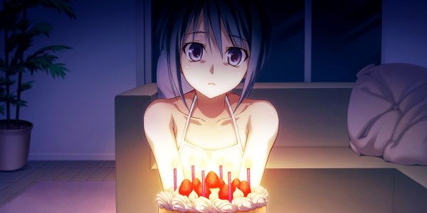 Anime picture 2400x1200 with soranica ele (game) sayado saya izumi mahiru highres short hair blue eyes black hair wide image game cg girl sweets cake candle (candles)