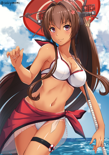 Anime picture 800x1131 with kantai collection yamato super battleship sakiyamama single tall image looking at viewer blush fringe breasts light erotic smile hair between eyes brown hair standing purple eyes bare shoulders holding signed payot sky