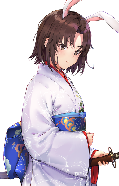 Anime picture 1980x3093 with fate (series) fate/grand order kara no kyoukai type-moon ryougi shiki black cola single tall image looking at viewer blush fringe highres short hair simple background brown hair white background holding brown eyes animal ears upper body