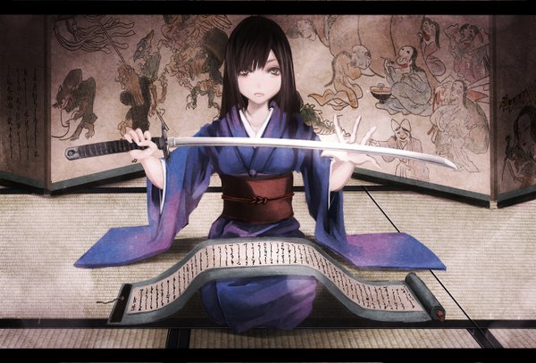 Anime picture 1325x900 with original koh (minagi kou) single long hair looking at viewer fringe breasts brown hair holding brown eyes traditional clothes japanese clothes letterboxed serious girl weapon sword kimono katana scroll