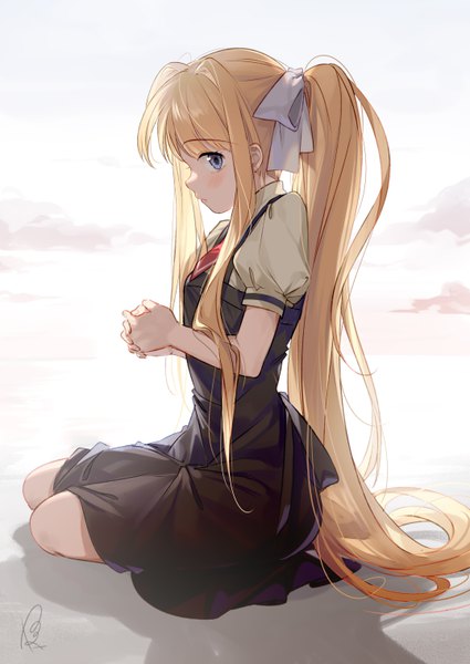 Anime picture 4299x6070 with air key (studio) kamio misuzu almic single tall image looking at viewer highres blue eyes blonde hair sitting signed payot absurdres sky outdoors ponytail very long hair profile shadow