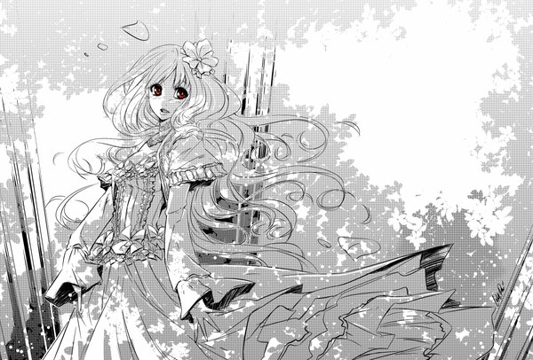 Anime picture 1156x783 with comipa single long hair blush open mouth blonde hair red eyes signed white hair hair flower wind grey hair shadow monochrome girl dress hair ornament plant (plants) petals tree (trees)