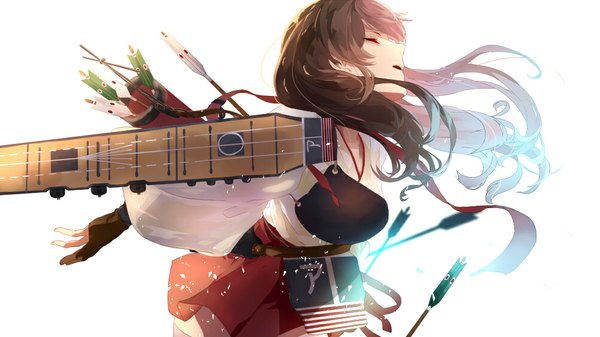 Anime picture 1000x562 with kantai collection pixiv akagi aircraft carrier single long hair black hair wide image eyes closed traditional clothes japanese clothes archery girl weapon arrow (arrows)