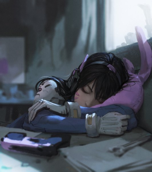 Anime picture 1920x2160 with overwatch blizzard entertainment d.va (overwatch) rui li single long hair tall image fringe highres upper body indoors eyes closed blurry depth of field facial mark light sleeping whisker markings pillow hug girl