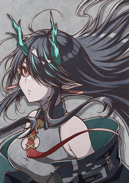Anime picture 2894x4093 with arknights dusk (arknights) shokikanes single long hair tall image looking at viewer fringe highres black hair simple background red eyes upper body ahoge horn (horns) pointy ears hair over one eye grey background girl earrings