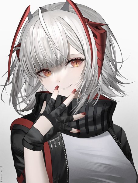 Anime picture 1588x2100 with arknights w (arknights) suiu aaa8 single tall image looking at viewer fringe short hair simple background smile silver hair upper body nail polish horn (horns) orange eyes gradient background symbol-shaped pupils hand to mouth red nail polish + +