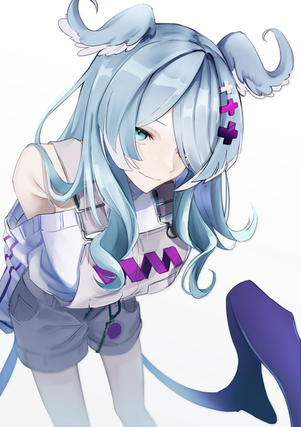 Anime picture 2039x2894 with virtual youtuber nijisanji nijisanji en elira pendora elira pendora (1st costume) peridot68 single long hair tall image looking at viewer fringe highres simple background white background silver hair aqua eyes hair over one eye leaning leaning forward head wings
