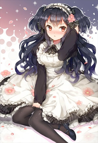 Anime picture 650x951 with original dangmill single long hair tall image fringe breasts red eyes sitting purple hair bent knee (knees) parted lips hair flower :o maid two side up adjusting hair girl uniform hair ornament