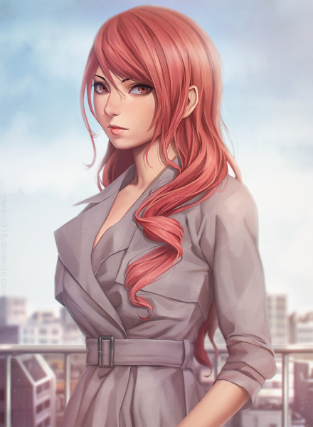 Anime picture 1200x1636 with persona 3 persona kirijou mitsuru miura-n315 single long hair tall image looking at viewer red eyes signed sky red hair blurry realistic depth of field city curly hair girl coat railing