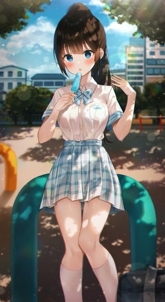 Anime picture 3000x5469 with original wabbajack single long hair tall image looking at viewer blush fringe highres open mouth blue eyes brown hair holding payot sky cloud (clouds) outdoors ponytail blunt bangs arm up