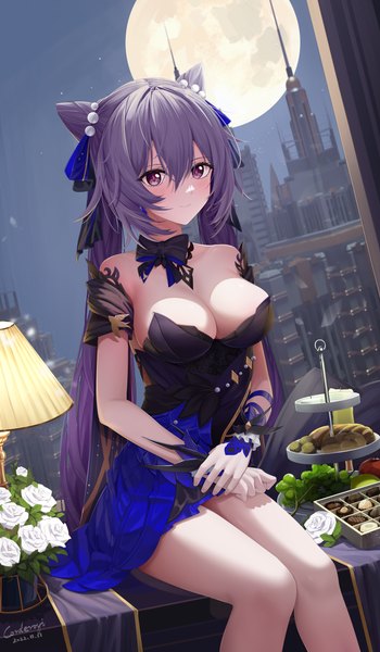 Anime picture 5370x9216 with genshin impact keqing (genshin impact) keqing (opulent splendor) (genshin impact) corderoy single long hair tall image looking at viewer blush fringe highres breasts light erotic hair between eyes large breasts sitting purple eyes twintails bare shoulders payot