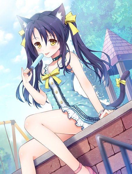 Anime picture 920x1215 with original mauve single long hair tall image looking at viewer blush fringe smile sitting twintails bare shoulders holding animal ears yellow eyes sky purple hair cloud (clouds) bent knee (knees) tail