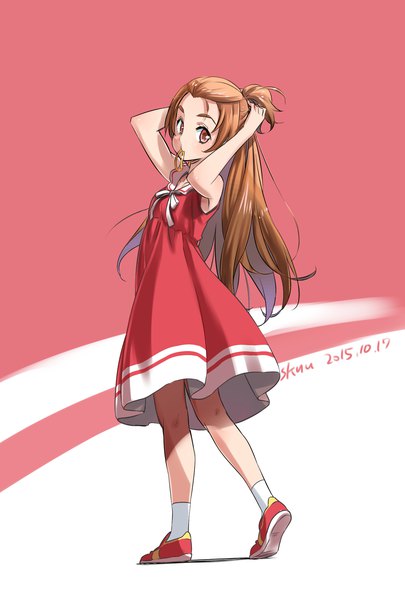 Anime picture 1378x2039 with precure dokidoki! precure toei animation madoka aguri isedaichi ken single long hair tall image looking at viewer simple background red eyes brown hair holding signed looking back arms up sleeveless mouth hold adjusting hair dated