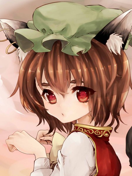 Anime picture 1062x1417 with touhou chen single tall image short hair simple background red eyes brown hair animal ears cat ears girl earrings