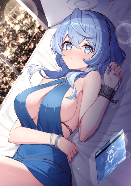 Anime-Bild 1414x2000 mit blue archive ako (blue archive) ako (dress) (blue archive) t@ke-g single long hair tall image looking at viewer fringe breasts blue eyes light erotic hair between eyes large breasts blue hair lying nail polish on back sideboob lens flare