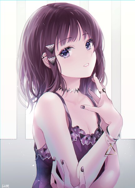 Anime picture 1500x2080 with original blue blood moon single long hair tall image looking at viewer blush fringe breasts brown hair standing purple eyes signed payot cleavage upper body nail polish parted lips fingernails piercing