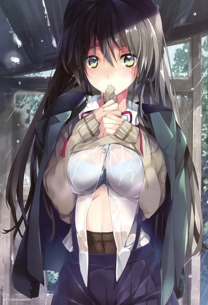 Anime picture 2601x3800 with melonbooks taira tsukune single long hair tall image looking at viewer blush highres light erotic black hair holding green eyes scan official art mouth hold rain wet clothes girl skirt uniform