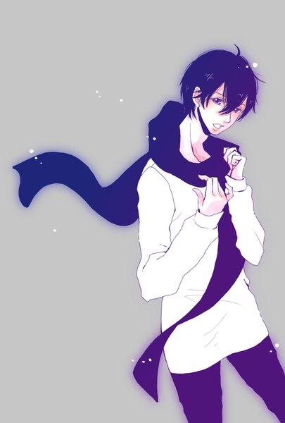 Anime picture 1181x1748 with vocaloid kaito (vocaloid) 392 (pixiv) single tall image looking at viewer short hair simple background standing purple eyes blue hair purple hair grey background snowing boy scarf sweater fireflies