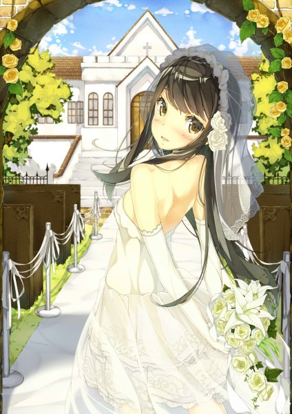 Anime picture 848x1200 with original shirohina single long hair tall image looking at viewer blush black hair brown eyes looking back turning head wedding girl dress gloves flower (flowers) elbow gloves white gloves rose (roses) building (buildings)