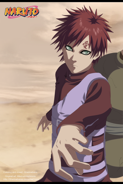 Anime picture 813x1214 with naruto studio pierrot naruto (series) gaara ryuji-16 single tall image short hair green eyes sky cloud (clouds) red hair inscription tattoo coloring sand jinchuriki boy pitcher